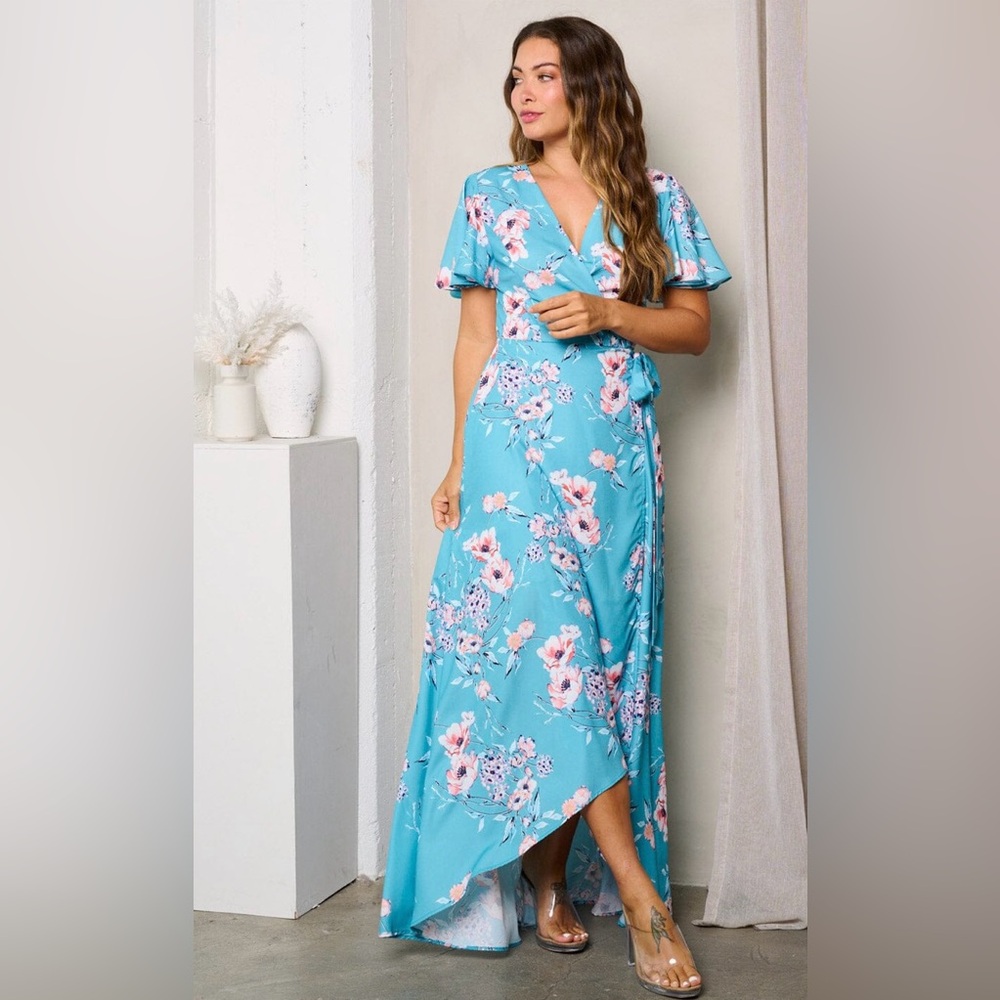 Blue Floral Wrap High Low Midi Dress Flutter Sleeve Boutique